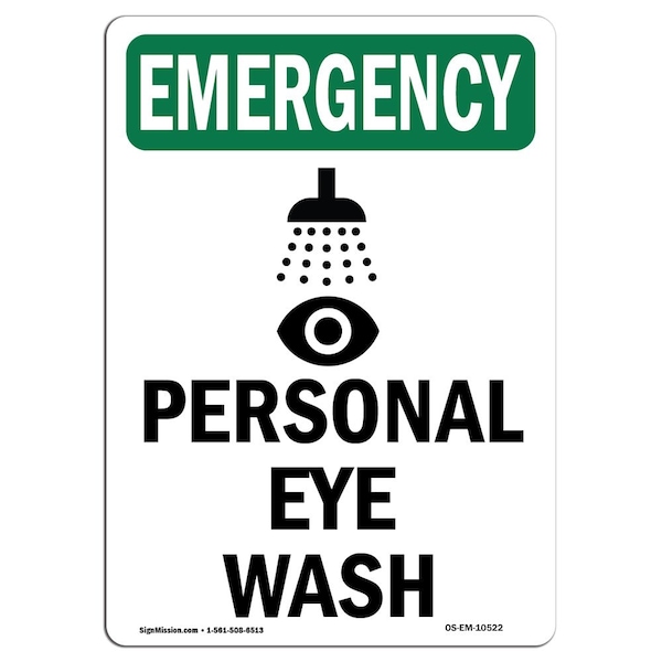Safety Sign, OSHA EMERGENCY, 5" Height, Personal Eyewash Station, Portrait, 10PK